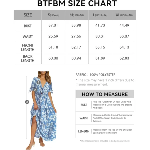 imageBTFBM Womens 2023 Summer Boho Dress Tie Front Deep V Neck Cutout Short Sleeve Floral Casual Party Beach Maxi DressesWhite Branch Blue