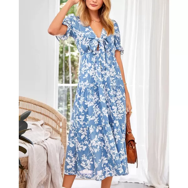 imageBTFBM Womens 2023 Summer Boho Dress Tie Front Deep V Neck Cutout Short Sleeve Floral Casual Party Beach Maxi DressesWhite Branch Blue