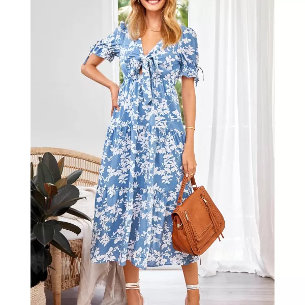 imageBTFBM Womens 2023 Summer Boho Dress Tie Front Deep V Neck Cutout Short Sleeve Floral Casual Party Beach Maxi DressesWhite Branch Blue