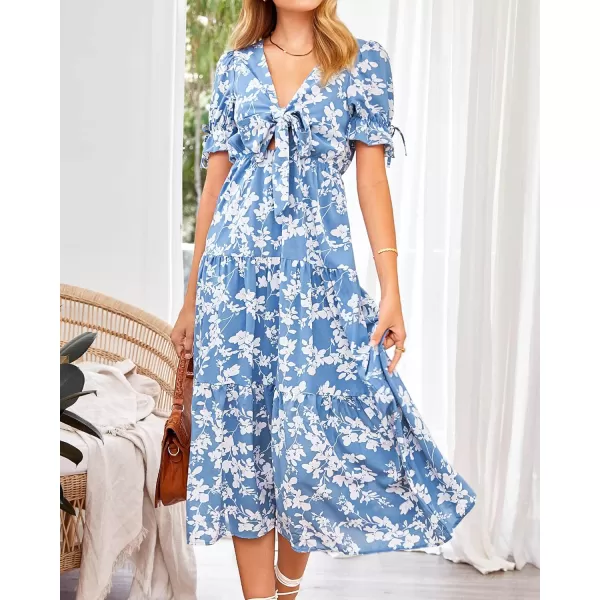 imageBTFBM Womens 2023 Summer Boho Dress Tie Front Deep V Neck Cutout Short Sleeve Floral Casual Party Beach Maxi DressesWhite Branch Blue
