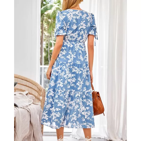 imageBTFBM Womens 2023 Summer Boho Dress Tie Front Deep V Neck Cutout Short Sleeve Floral Casual Party Beach Maxi DressesWhite Branch Blue