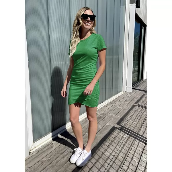 imageBTFBM Womens 2023 Summer Casual Beach Dresses Crew Neck Short Sleeve Wrap Party Club Mini Ruched Bodycon T Shirt DressBright Green