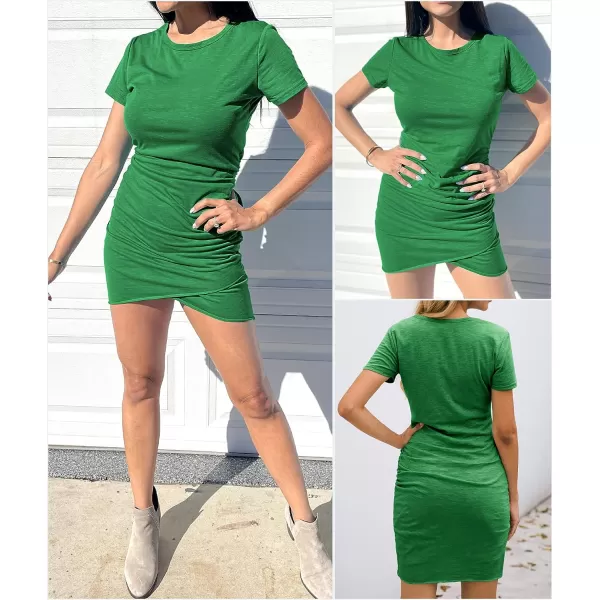 imageBTFBM Womens 2023 Summer Casual Beach Dresses Crew Neck Short Sleeve Wrap Party Club Mini Ruched Bodycon T Shirt DressBright Green