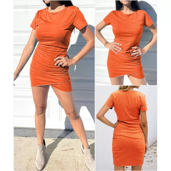 imageBTFBM Womens 2023 Summer Casual Beach Dresses Crew Neck Short Sleeve Wrap Party Club Mini Ruched Bodycon T Shirt DressBright Orange