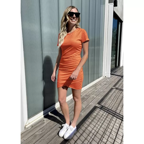 imageBTFBM Womens 2023 Summer Casual Beach Dresses Crew Neck Short Sleeve Wrap Party Club Mini Ruched Bodycon T Shirt DressBright Orange
