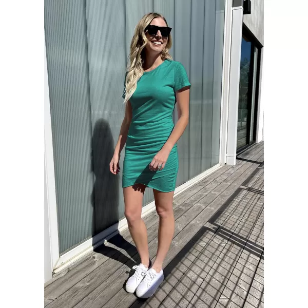 imageBTFBM Womens 2023 Summer Casual Beach Dresses Crew Neck Short Sleeve Wrap Party Club Mini Ruched Bodycon T Shirt DressCyan Blue