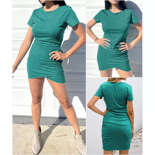 imageBTFBM Womens 2023 Summer Casual Beach Dresses Crew Neck Short Sleeve Wrap Party Club Mini Ruched Bodycon T Shirt DressCyan Blue