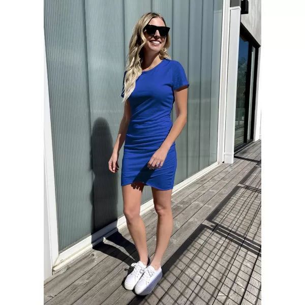 imageBTFBM Womens 2023 Summer Casual Beach Dresses Crew Neck Short Sleeve Wrap Party Club Mini Ruched Bodycon T Shirt DressDark Blue