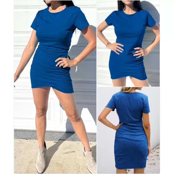 imageBTFBM Womens 2023 Summer Casual Beach Dresses Crew Neck Short Sleeve Wrap Party Club Mini Ruched Bodycon T Shirt DressDark Blue
