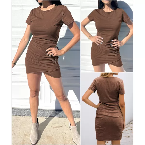 imageBTFBM Womens 2023 Summer Casual Beach Dresses Crew Neck Short Sleeve Wrap Party Club Mini Ruched Bodycon T Shirt DressDark Brown