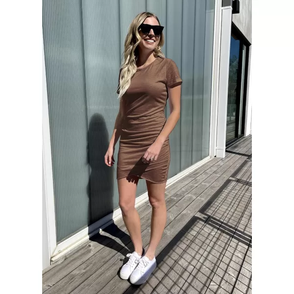 imageBTFBM Womens 2023 Summer Casual Beach Dresses Crew Neck Short Sleeve Wrap Party Club Mini Ruched Bodycon T Shirt DressDark Brown