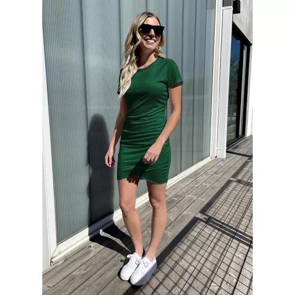 imageBTFBM Womens 2023 Summer Casual Beach Dresses Crew Neck Short Sleeve Wrap Party Club Mini Ruched Bodycon T Shirt DressDark Green