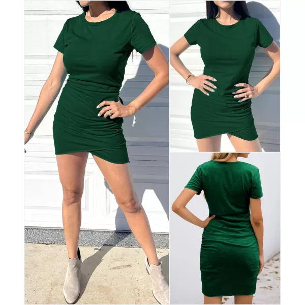 imageBTFBM Womens 2023 Summer Casual Beach Dresses Crew Neck Short Sleeve Wrap Party Club Mini Ruched Bodycon T Shirt DressDark Green