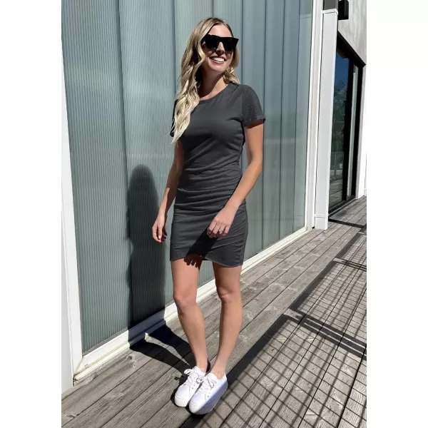 imageBTFBM Womens 2023 Summer Casual Beach Dresses Crew Neck Short Sleeve Wrap Party Club Mini Ruched Bodycon T Shirt DressDark Grey