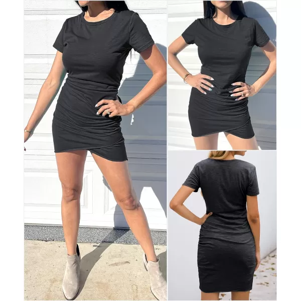 imageBTFBM Womens 2023 Summer Casual Beach Dresses Crew Neck Short Sleeve Wrap Party Club Mini Ruched Bodycon T Shirt DressDark Grey