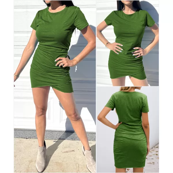 imageBTFBM Womens 2023 Summer Casual Beach Dresses Crew Neck Short Sleeve Wrap Party Club Mini Ruched Bodycon T Shirt DressGreen