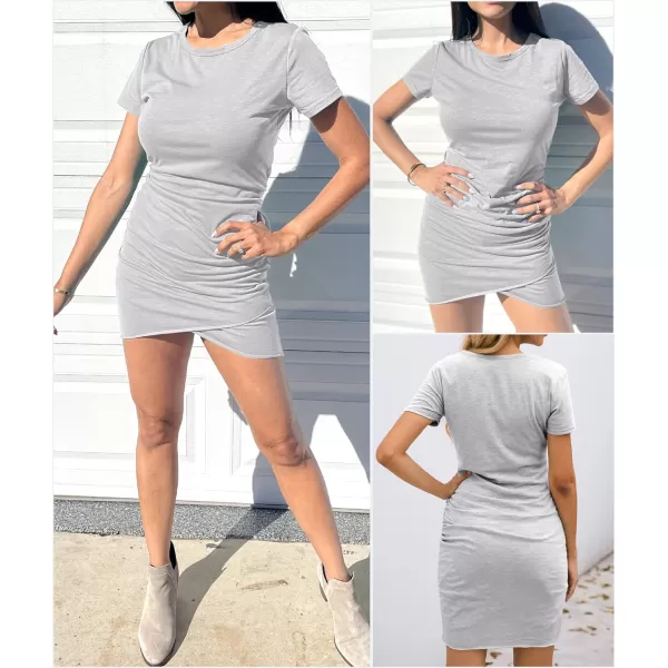 imageBTFBM Womens 2023 Summer Casual Beach Dresses Crew Neck Short Sleeve Wrap Party Club Mini Ruched Bodycon T Shirt DressGrey