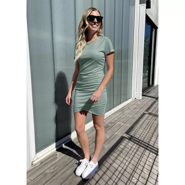 imageBTFBM Womens 2023 Summer Casual Beach Dresses Crew Neck Short Sleeve Wrap Party Club Mini Ruched Bodycon T Shirt DressGrey Green