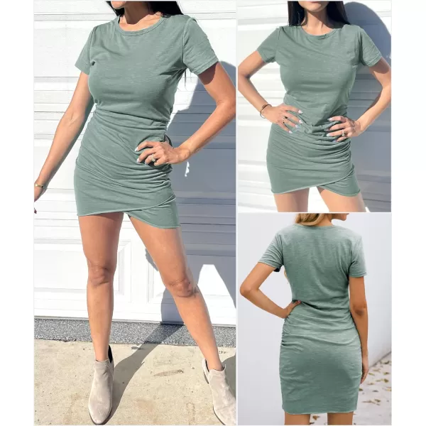 imageBTFBM Womens 2023 Summer Casual Beach Dresses Crew Neck Short Sleeve Wrap Party Club Mini Ruched Bodycon T Shirt DressGrey Green