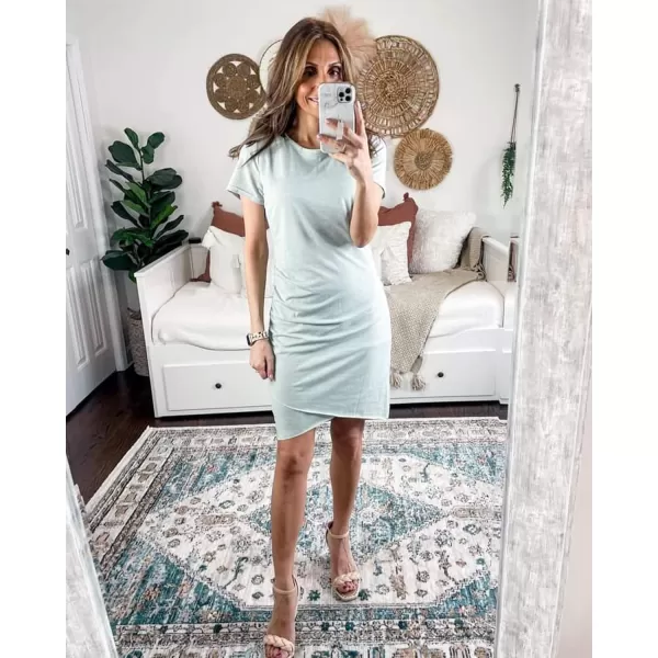imageBTFBM Womens 2023 Summer Casual Beach Dresses Crew Neck Short Sleeve Wrap Party Club Mini Ruched Bodycon T Shirt DressGrey Green