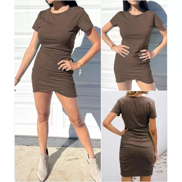 imageBTFBM Womens 2023 Summer Casual Beach Dresses Crew Neck Short Sleeve Wrap Party Club Mini Ruched Bodycon T Shirt DressKhaki