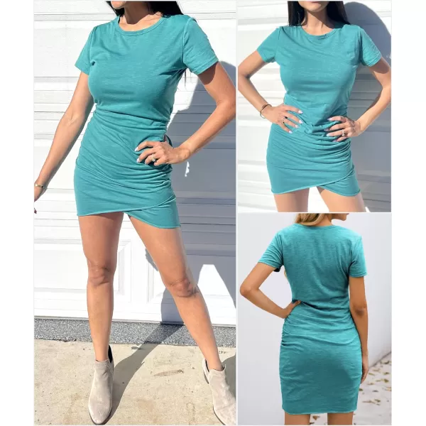 imageBTFBM Womens 2023 Summer Casual Beach Dresses Crew Neck Short Sleeve Wrap Party Club Mini Ruched Bodycon T Shirt DressLake Blue