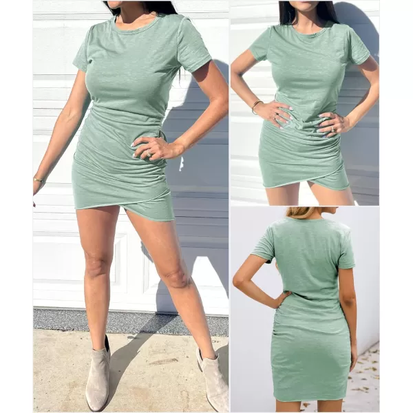 imageBTFBM Womens 2023 Summer Casual Beach Dresses Crew Neck Short Sleeve Wrap Party Club Mini Ruched Bodycon T Shirt DressLight Green
