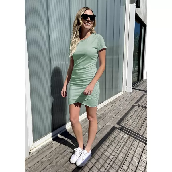 imageBTFBM Womens 2023 Summer Casual Beach Dresses Crew Neck Short Sleeve Wrap Party Club Mini Ruched Bodycon T Shirt DressLight Green