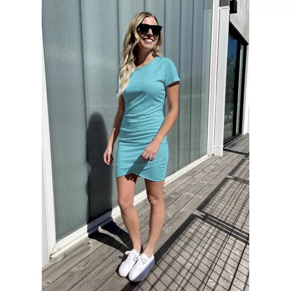 imageBTFBM Womens 2023 Summer Casual Beach Dresses Crew Neck Short Sleeve Wrap Party Club Mini Ruched Bodycon T Shirt DressLight Lake Blue