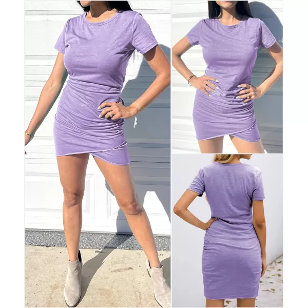 imageBTFBM Womens 2023 Summer Casual Beach Dresses Crew Neck Short Sleeve Wrap Party Club Mini Ruched Bodycon T Shirt DressLight Purple