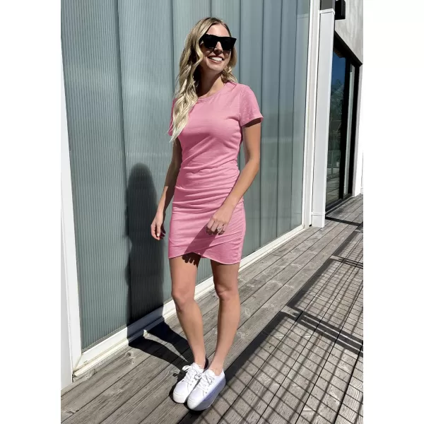 imageBTFBM Womens 2023 Summer Casual Beach Dresses Crew Neck Short Sleeve Wrap Party Club Mini Ruched Bodycon T Shirt DressLight Red