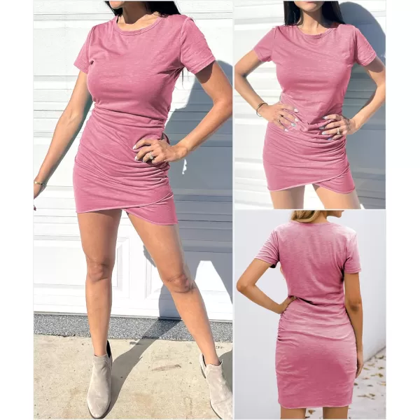 imageBTFBM Womens 2023 Summer Casual Beach Dresses Crew Neck Short Sleeve Wrap Party Club Mini Ruched Bodycon T Shirt DressLight Red