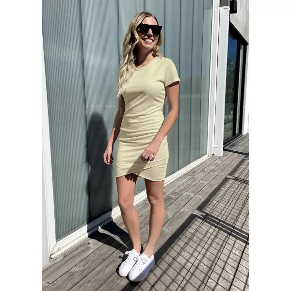 imageBTFBM Womens 2023 Summer Casual Beach Dresses Crew Neck Short Sleeve Wrap Party Club Mini Ruched Bodycon T Shirt DressLight Yellow