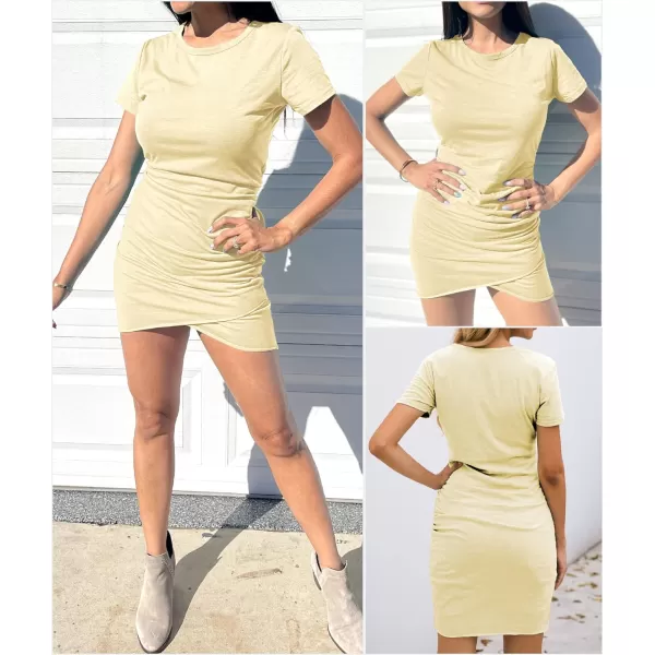 imageBTFBM Womens 2023 Summer Casual Beach Dresses Crew Neck Short Sleeve Wrap Party Club Mini Ruched Bodycon T Shirt DressLight Yellow