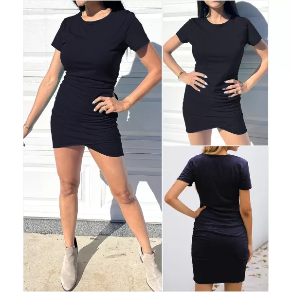 imageBTFBM Womens 2023 Summer Casual Beach Dresses Crew Neck Short Sleeve Wrap Party Club Mini Ruched Bodycon T Shirt DressNavy