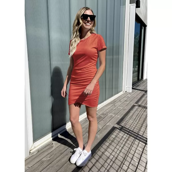 imageBTFBM Womens 2023 Summer Casual Beach Dresses Crew Neck Short Sleeve Wrap Party Club Mini Ruched Bodycon T Shirt DressOrange Red