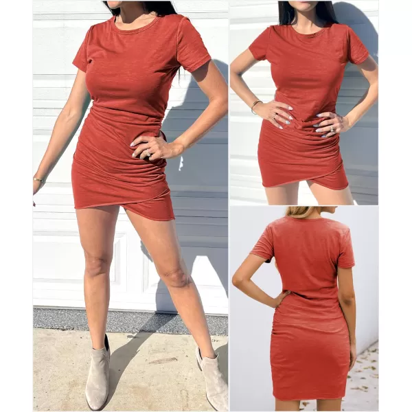 imageBTFBM Womens 2023 Summer Casual Beach Dresses Crew Neck Short Sleeve Wrap Party Club Mini Ruched Bodycon T Shirt DressOrange Red