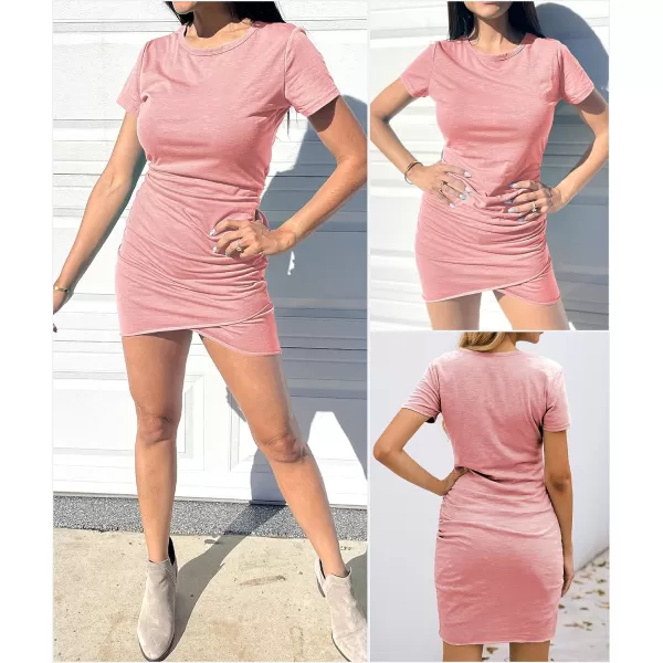 imageBTFBM Womens 2023 Summer Casual Beach Dresses Crew Neck Short Sleeve Wrap Party Club Mini Ruched Bodycon T Shirt DressPeach Pink