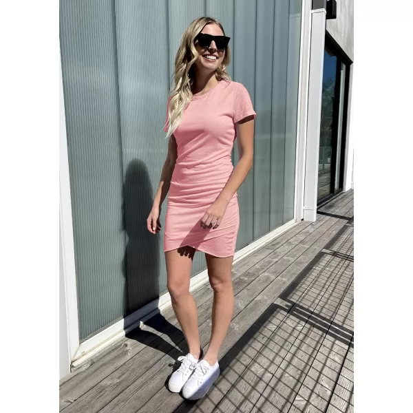 imageBTFBM Womens 2023 Summer Casual Beach Dresses Crew Neck Short Sleeve Wrap Party Club Mini Ruched Bodycon T Shirt DressPeach Pink