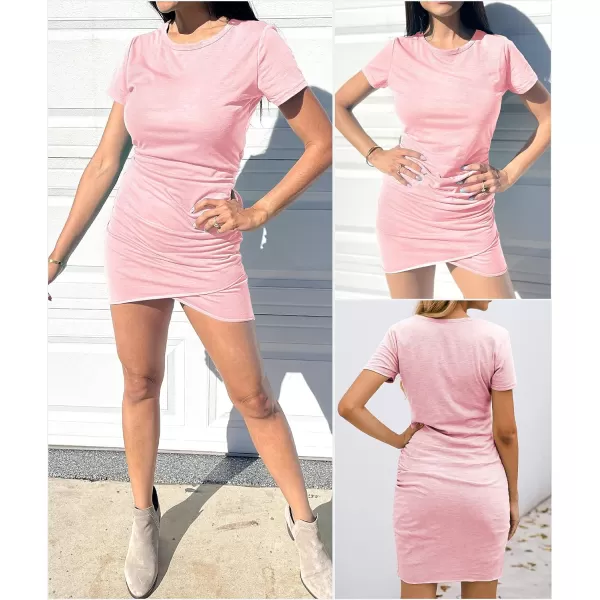 imageBTFBM Womens 2023 Summer Casual Beach Dresses Crew Neck Short Sleeve Wrap Party Club Mini Ruched Bodycon T Shirt DressPink