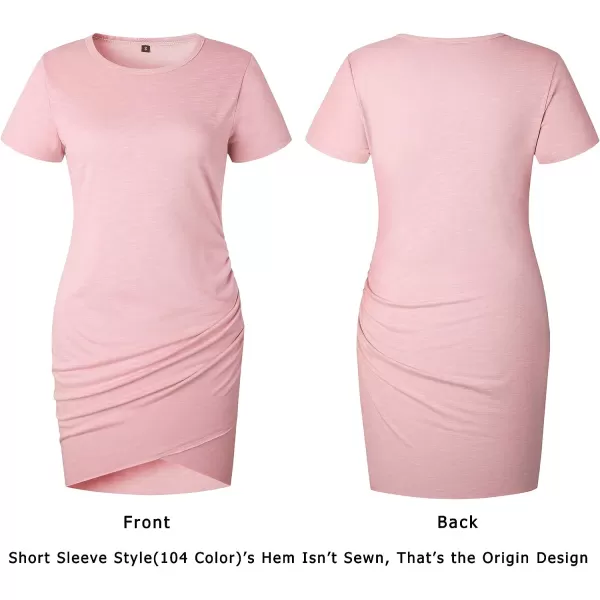imageBTFBM Womens 2023 Summer Casual Beach Dresses Crew Neck Short Sleeve Wrap Party Club Mini Ruched Bodycon T Shirt DressPink
