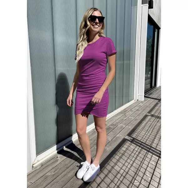 imageBTFBM Womens 2023 Summer Casual Beach Dresses Crew Neck Short Sleeve Wrap Party Club Mini Ruched Bodycon T Shirt DressPurple