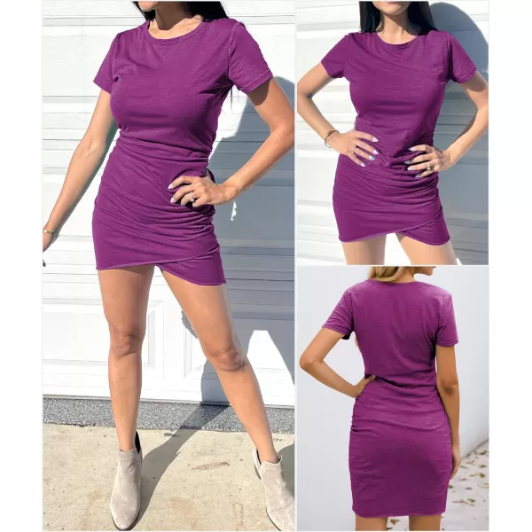 imageBTFBM Womens 2023 Summer Casual Beach Dresses Crew Neck Short Sleeve Wrap Party Club Mini Ruched Bodycon T Shirt DressPurple