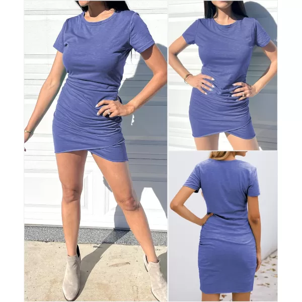 imageBTFBM Womens 2023 Summer Casual Beach Dresses Crew Neck Short Sleeve Wrap Party Club Mini Ruched Bodycon T Shirt DressPurple Blue