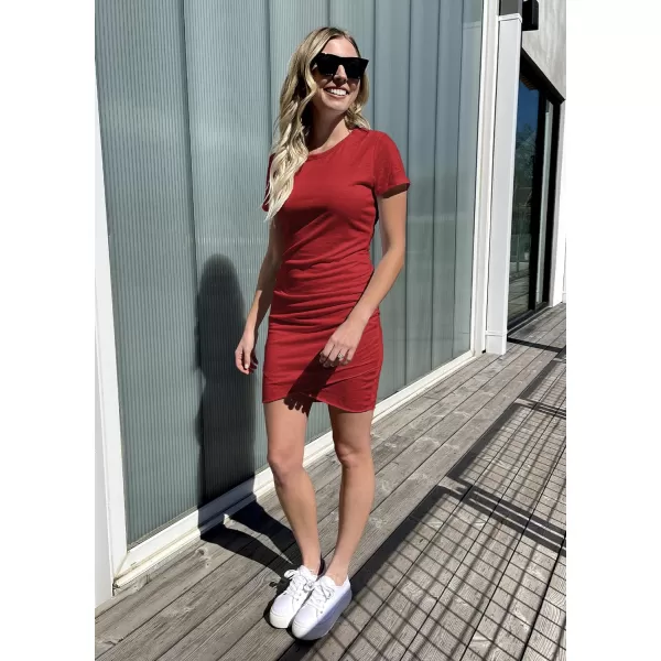 imageBTFBM Womens 2023 Summer Casual Beach Dresses Crew Neck Short Sleeve Wrap Party Club Mini Ruched Bodycon T Shirt DressRed
