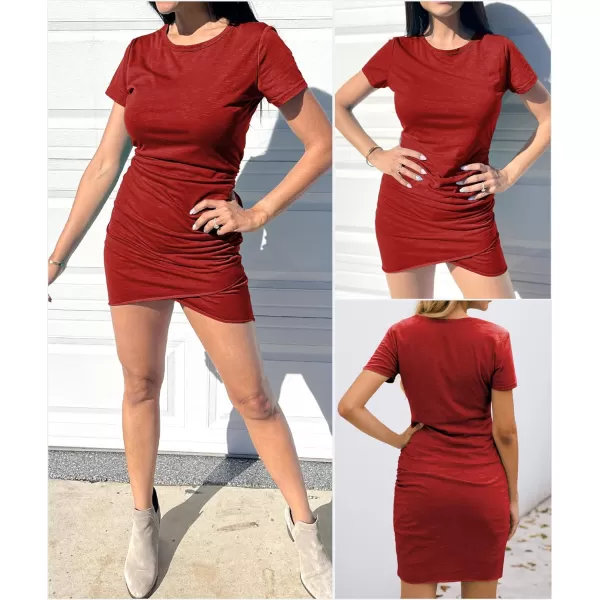 imageBTFBM Womens 2023 Summer Casual Beach Dresses Crew Neck Short Sleeve Wrap Party Club Mini Ruched Bodycon T Shirt DressRed