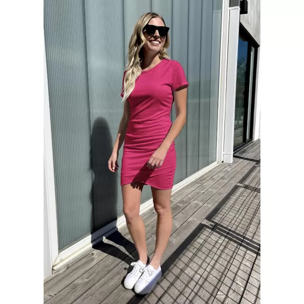 imageBTFBM Womens 2023 Summer Casual Beach Dresses Crew Neck Short Sleeve Wrap Party Club Mini Ruched Bodycon T Shirt DressRose Red
