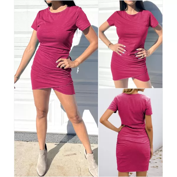 imageBTFBM Womens 2023 Summer Casual Beach Dresses Crew Neck Short Sleeve Wrap Party Club Mini Ruched Bodycon T Shirt DressRose Red