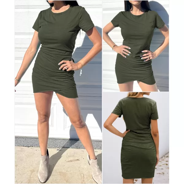 imageBTFBM Womens 2023 Summer Casual Beach Dresses Crew Neck Short Sleeve Wrap Party Club Mini Ruched Bodycon T Shirt DressSolid Army Green