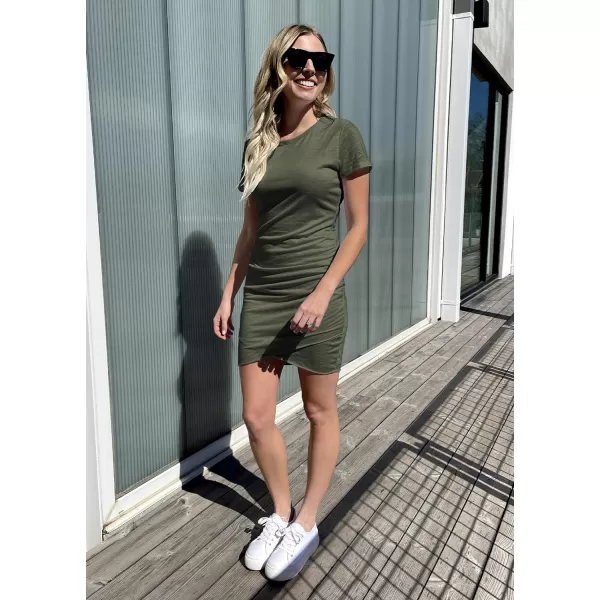 imageBTFBM Womens 2023 Summer Casual Beach Dresses Crew Neck Short Sleeve Wrap Party Club Mini Ruched Bodycon T Shirt DressSolid Army Green